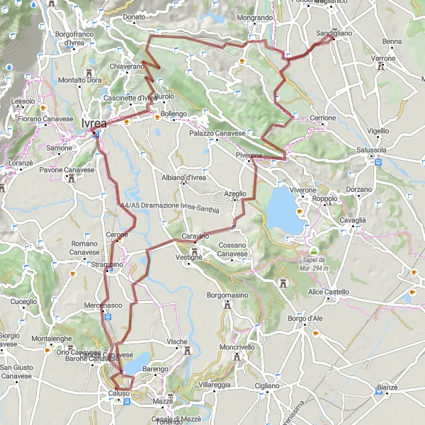 Mapa miniatúra "Gravelová cyklotrasa v blízkosti Sandigliana" cyklistická inšpirácia v Piemonte, Italy. Vygenerované cyklistickým plánovačom trás Tarmacs.app