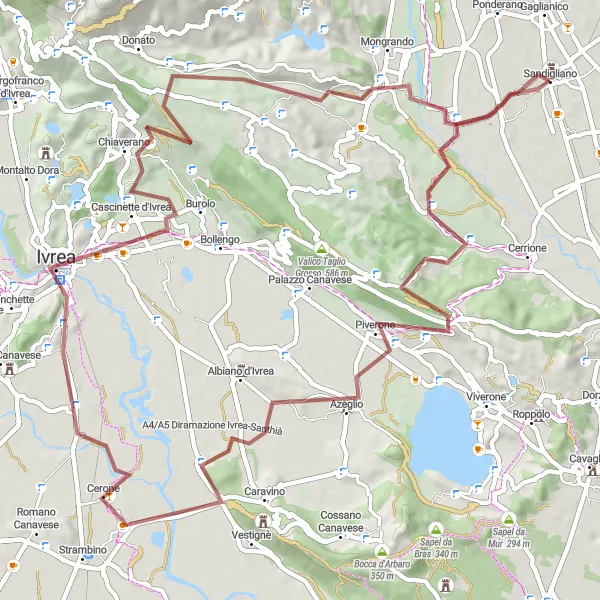 Miniaturní mapa "Gravelová cyklotrasa okolo Sandigliano" inspirace pro cyklisty v oblasti Piemonte, Italy. Vytvořeno pomocí plánovače tras Tarmacs.app