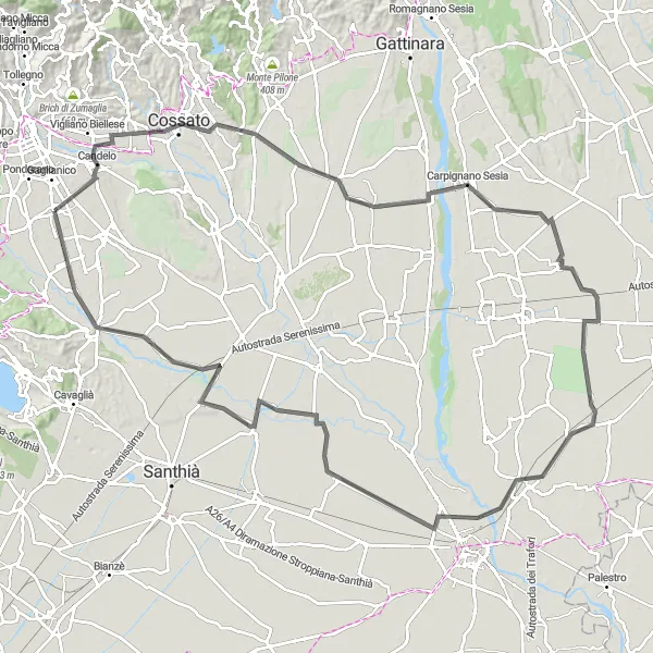 Miniatua del mapa de inspiración ciclista "Ruta de ciclismo de carretera cerca de Sandigliano" en Piemonte, Italy. Generado por Tarmacs.app planificador de rutas ciclistas