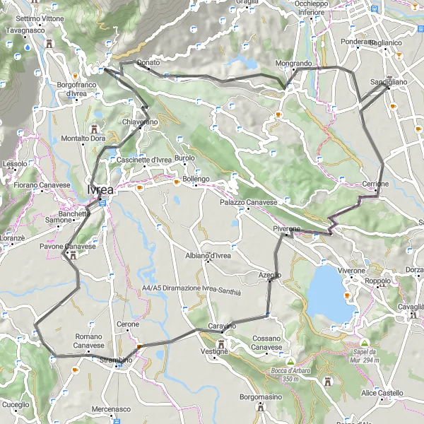 Kartminiatyr av "Vacker Väg mot Sandigliano" cykelinspiration i Piemonte, Italy. Genererad av Tarmacs.app cykelruttplanerare