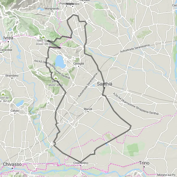 Miniatua del mapa de inspiración ciclista "Ruta de carretera de Sandigliano a Sandigliano" en Piemonte, Italy. Generado por Tarmacs.app planificador de rutas ciclistas
