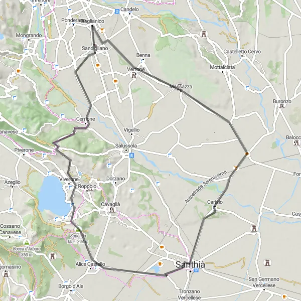 Miniatua del mapa de inspiración ciclista "Ruta de Bicicleta de Carretera a través de Sandigliano" en Piemonte, Italy. Generado por Tarmacs.app planificador de rutas ciclistas