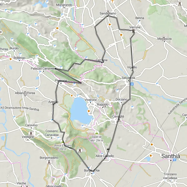Mapa miniatúra "Jazda na cestnom bicykli blízko Sandigliana" cyklistická inšpirácia v Piemonte, Italy. Vygenerované cyklistickým plánovačom trás Tarmacs.app