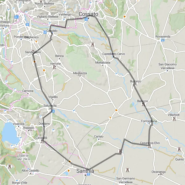 Miniatua del mapa de inspiración ciclista "Ruta escénica de ciclismo en carretera cerca de Sandigliano" en Piemonte, Italy. Generado por Tarmacs.app planificador de rutas ciclistas