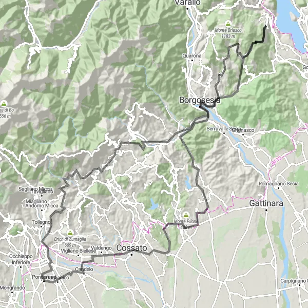 Miniatua del mapa de inspiración ciclista "Ruta de carretera desafiante de Sandigliano a Sandigliano" en Piemonte, Italy. Generado por Tarmacs.app planificador de rutas ciclistas