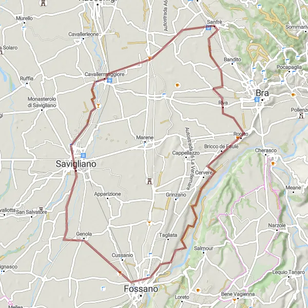 Mapa miniatúra "Krátky výlet na Gravel od Sanfrè" cyklistická inšpirácia v Piemonte, Italy. Vygenerované cyklistickým plánovačom trás Tarmacs.app