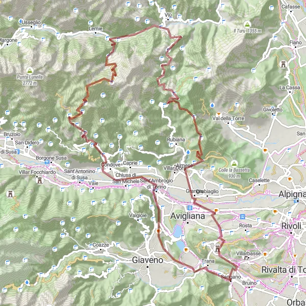 Miniature de la carte de l'inspiration cycliste "Le défi des montagnes de Sangano à Reano" dans la Piemonte, Italy. Générée par le planificateur d'itinéraire cycliste Tarmacs.app