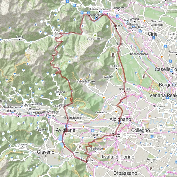 Map miniature of "Off-Road Adventure from Sangano to Rivoli" cycling inspiration in Piemonte, Italy. Generated by Tarmacs.app cycling route planner