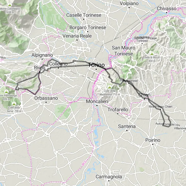 Mapa miniatúra "Zaujímavá cyklotrasa v Piemonte" cyklistická inšpirácia v Piemonte, Italy. Vygenerované cyklistickým plánovačom trás Tarmacs.app