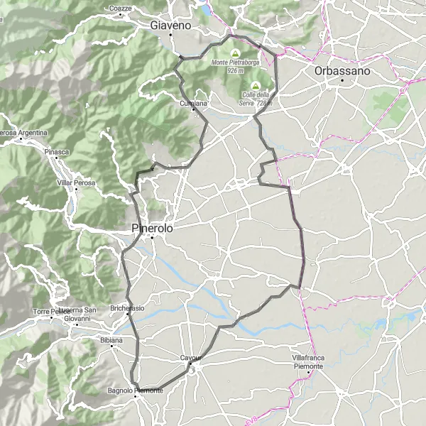 Miniatuurkaart van de fietsinspiratie "Ontdek de Schoonheid van Rocca di Cavour en Monte Muretto" in Piemonte, Italy. Gemaakt door de Tarmacs.app fietsrouteplanner