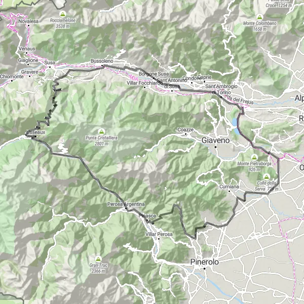 Kartminiatyr av "Berget Finestre och byn Fenestrelle" cykelinspiration i Piemonte, Italy. Genererad av Tarmacs.app cykelruttplanerare