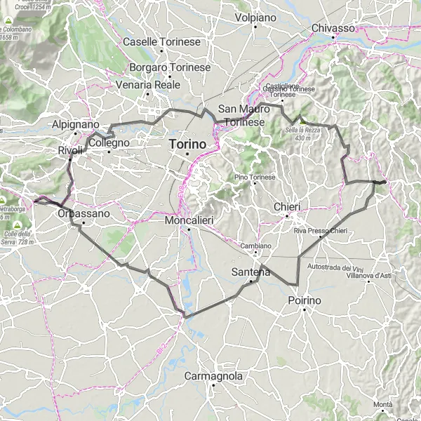 Miniature de la carte de l'inspiration cycliste "Les châteaux et collines de Rivoli à Truc Bandiera" dans la Piemonte, Italy. Générée par le planificateur d'itinéraire cycliste Tarmacs.app