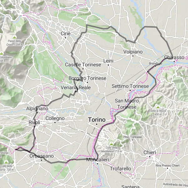 Map miniature of "Road Cycling Route from Sangano to Rivoli and Venaria Reale" cycling inspiration in Piemonte, Italy. Generated by Tarmacs.app cycling route planner