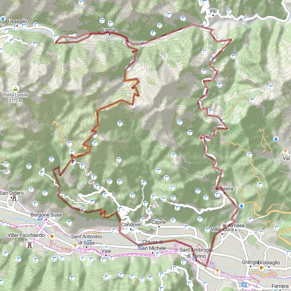 Zemljevid v pomanjšavi "Pustolovska gravel kolesarska tura v okolici Sant'Ambrogio di Torino" kolesarske inspiracije v Piemonte, Italy. Generirano z načrtovalcem kolesarskih poti Tarmacs.app