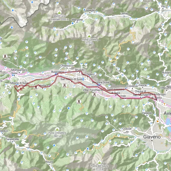 Map miniature of "The Mountainous Gravel Adventure" cycling inspiration in Piemonte, Italy. Generated by Tarmacs.app cycling route planner