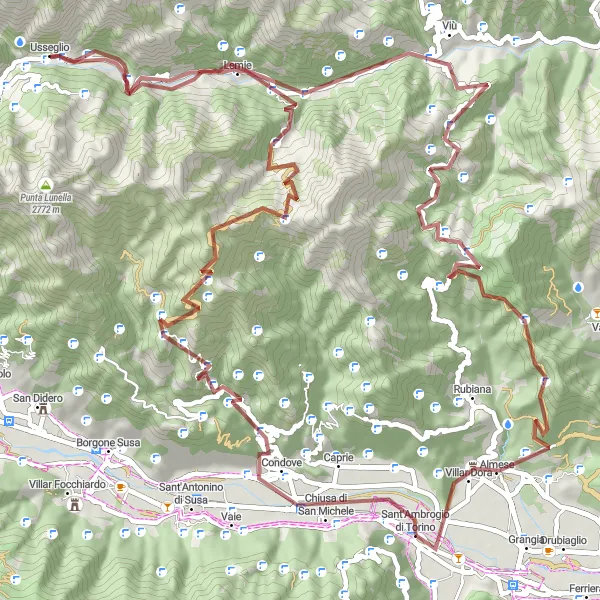 Miniaturní mapa "Gravelový okruh okolo Sant'Ambrogio di Torino" inspirace pro cyklisty v oblasti Piemonte, Italy. Vytvořeno pomocí plánovače tras Tarmacs.app