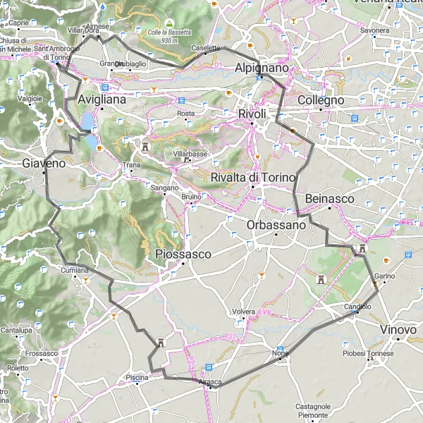 Map miniature of "The Royal Hunting Residence Loop" cycling inspiration in Piemonte, Italy. Generated by Tarmacs.app cycling route planner