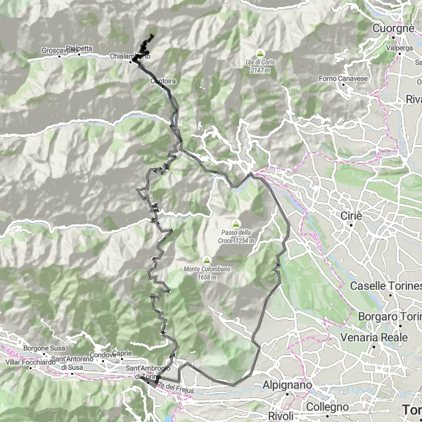 Miniature de la carte de l'inspiration cycliste "Aventure à Monte Calvo 141km" dans la Piemonte, Italy. Générée par le planificateur d'itinéraire cycliste Tarmacs.app