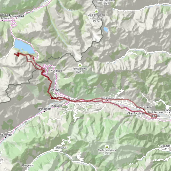 Kartminiatyr av "Grusveier og stigninger rundt Sant'Antonino di Susa" sykkelinspirasjon i Piemonte, Italy. Generert av Tarmacs.app sykkelrutoplanlegger