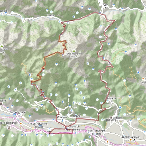 Karten-Miniaturansicht der Radinspiration "Rundfahrt um Sant'Antonino di Susa (Schotter)" in Piemonte, Italy. Erstellt vom Tarmacs.app-Routenplaner für Radtouren