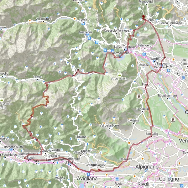 Miniatuurkaart van de fietsinspiratie "Gravelavontuur vanuit Sant'Antonino di Susa naar Sant'Ambrogio di Torino" in Piemonte, Italy. Gemaakt door de Tarmacs.app fietsrouteplanner