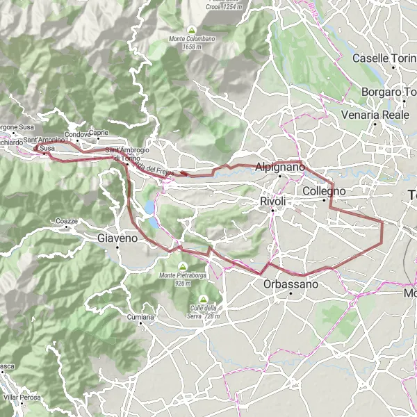 Kartminiatyr av "Grusvägsrunda till Condove" cykelinspiration i Piemonte, Italy. Genererad av Tarmacs.app cykelruttplanerare