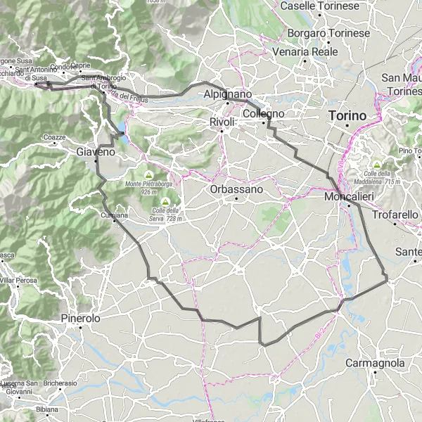 Karttaminiaatyyri "Kiertomatka Sant'Antoninon lähellä: Maisemareitti" pyöräilyinspiraatiosta alueella Piemonte, Italy. Luotu Tarmacs.app pyöräilyreittisuunnittelijalla