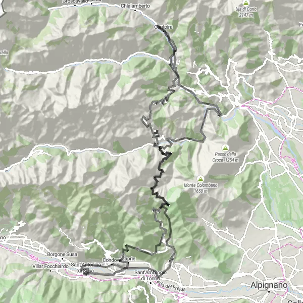 Miniatua del mapa de inspiración ciclista "Ruta de 139 km desde Sant'Antonino di Susa" en Piemonte, Italy. Generado por Tarmacs.app planificador de rutas ciclistas