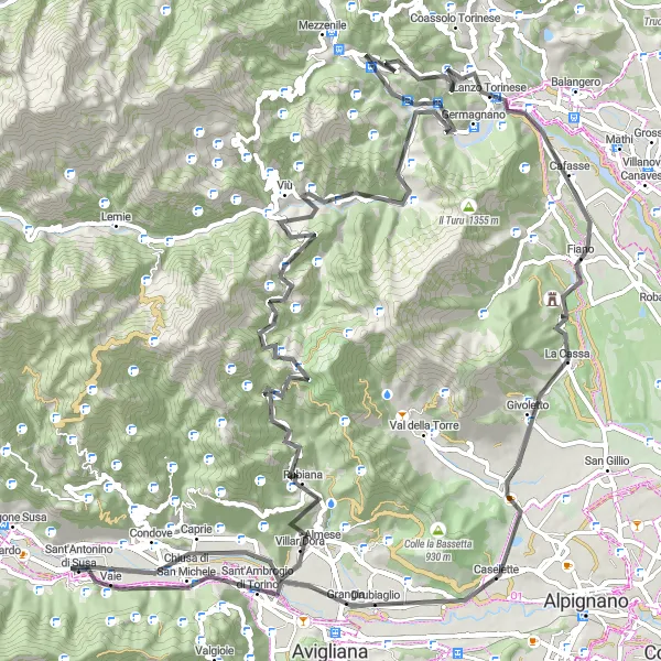 Miniature de la carte de l'inspiration cycliste "Le Tour des Montagnes du Piémont" dans la Piemonte, Italy. Générée par le planificateur d'itinéraire cycliste Tarmacs.app