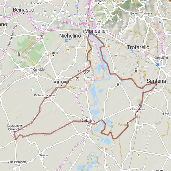 Map miniature of "Villastellone to Santena Gravel Route" cycling inspiration in Piemonte, Italy. Generated by Tarmacs.app cycling route planner