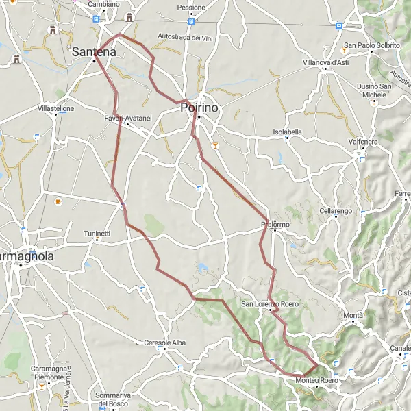 Karttaminiaatyyri "Santena - Poirino - Santo Stefano Roero - Torre dei Benso" pyöräilyinspiraatiosta alueella Piemonte, Italy. Luotu Tarmacs.app pyöräilyreittisuunnittelijalla