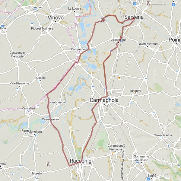 Mapa miniatúra "Gravel okruh cez Villastellone a Carignano" cyklistická inšpirácia v Piemonte, Italy. Vygenerované cyklistickým plánovačom trás Tarmacs.app