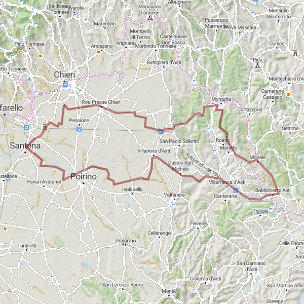 Karttaminiaatyyri "Santena - Montafia - Monale - Villafranca d'Asti - Poirino - Tetti Agostino" pyöräilyinspiraatiosta alueella Piemonte, Italy. Luotu Tarmacs.app pyöräilyreittisuunnittelijalla