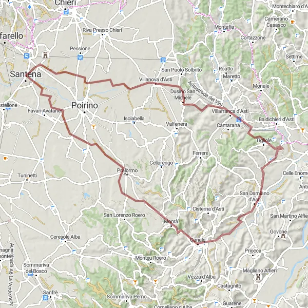 Miniatura della mappa di ispirazione al ciclismo "Giro di 80 km in Gravel tra Villanova d'Asti e Pralormo" nella regione di Piemonte, Italy. Generata da Tarmacs.app, pianificatore di rotte ciclistiche