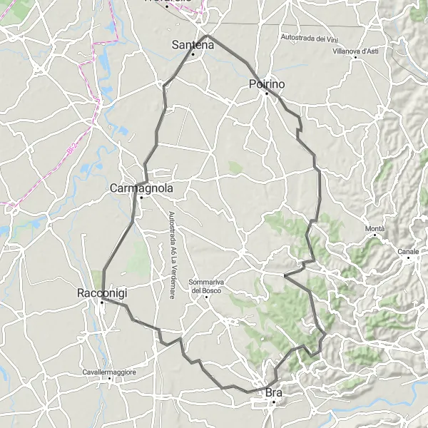 Mapa miniatúra "Cyklotrasa cez Poirino a Carmagnola" cyklistická inšpirácia v Piemonte, Italy. Vygenerované cyklistickým plánovačom trás Tarmacs.app