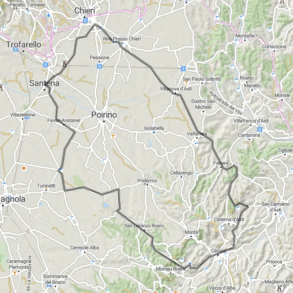 Mapa miniatúra "Cyklistická trasa cez Villanova d'Asti a Ferrere" cyklistická inšpirácia v Piemonte, Italy. Vygenerované cyklistickým plánovačom trás Tarmacs.app