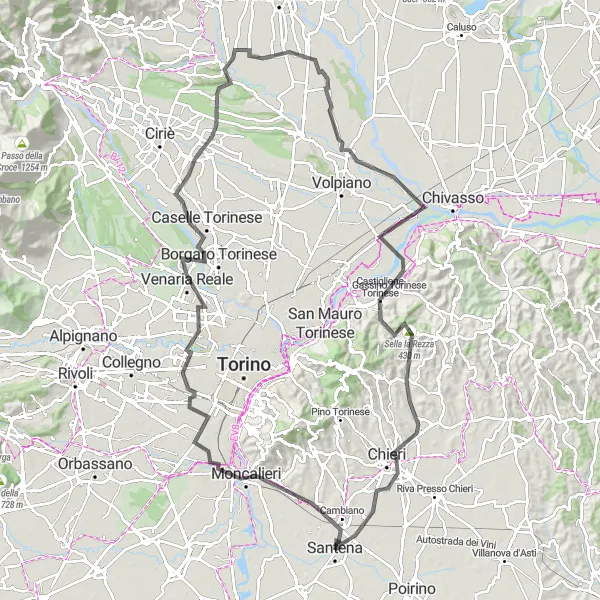 Miniature de la carte de l'inspiration cycliste "Épopée à travers les collines du Piémont" dans la Piemonte, Italy. Générée par le planificateur d'itinéraire cycliste Tarmacs.app