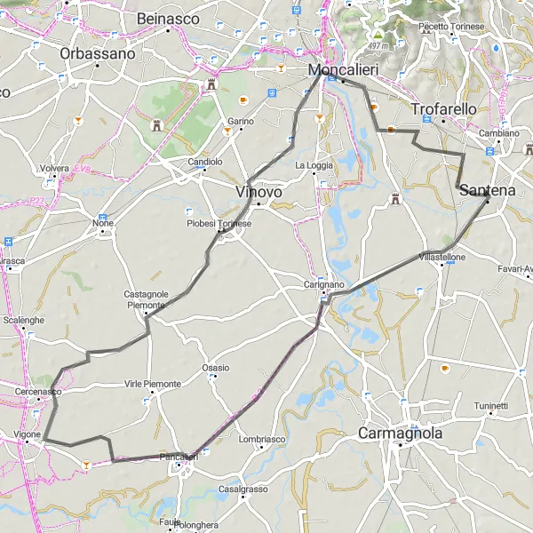 Mapa miniatúra "Okruhová cesta Carignano - Santena" cyklistická inšpirácia v Piemonte, Italy. Vygenerované cyklistickým plánovačom trás Tarmacs.app