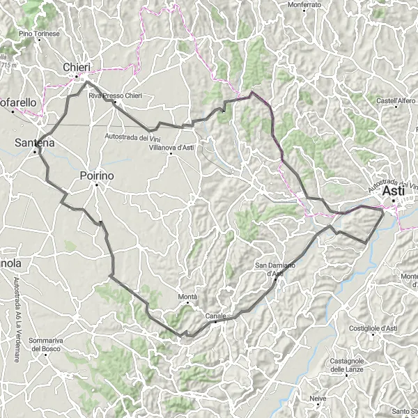 Karttaminiaatyyri "Pyöräreitti Santenan läheltä: Panorama sul Roero" pyöräilyinspiraatiosta alueella Piemonte, Italy. Luotu Tarmacs.app pyöräilyreittisuunnittelijalla