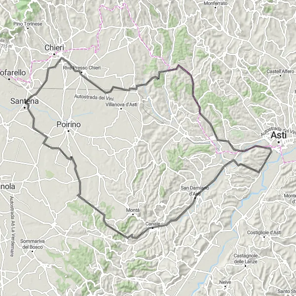 Kartminiatyr av "Utfordrende landevei opplevelse fra Santena" sykkelinspirasjon i Piemonte, Italy. Generert av Tarmacs.app sykkelrutoplanlegger