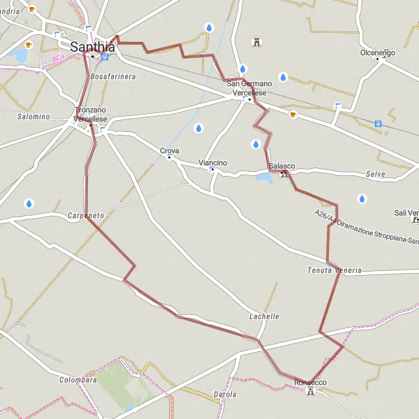 Mapa miniatúra "Okruh z blízkosti Santhià - Gravel" cyklistická inšpirácia v Piemonte, Italy. Vygenerované cyklistickým plánovačom trás Tarmacs.app