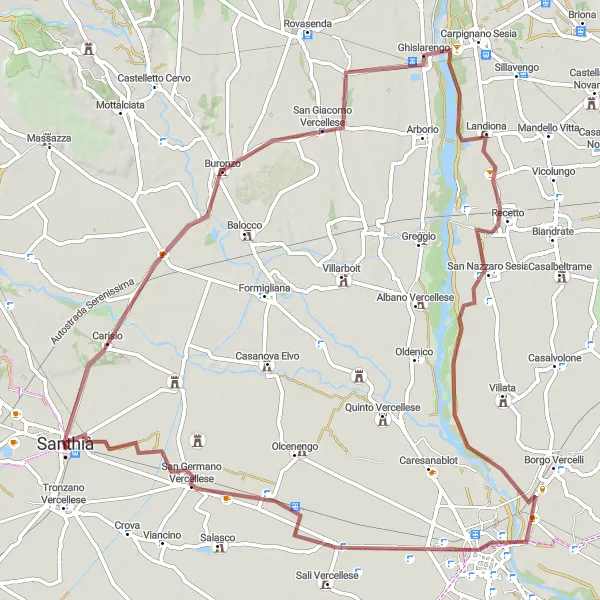 Map miniature of "Gravel Adventure to Carisio, Buronzo, Ghislarengo, Recetto, Vercelli, Selve, and Santhià" cycling inspiration in Piemonte, Italy. Generated by Tarmacs.app cycling route planner