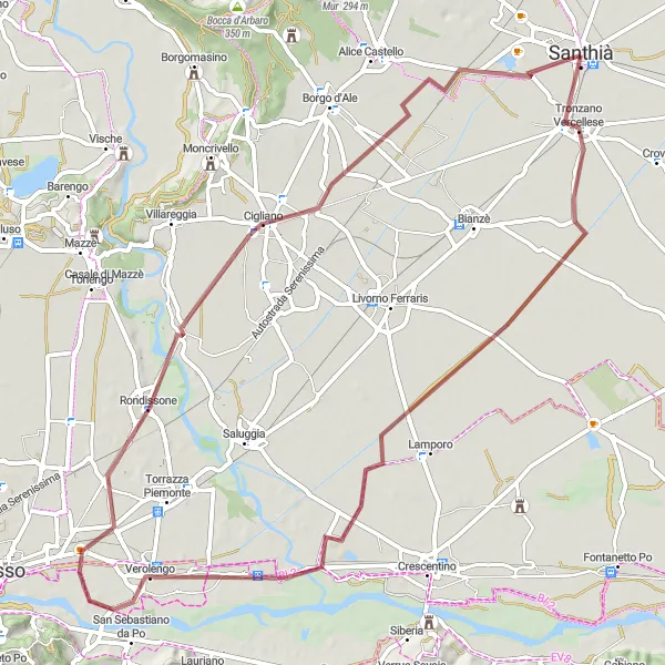 Miniaturní mapa "Gravelová cyklistická trasa kolem Tronzano Vercellese" inspirace pro cyklisty v oblasti Piemonte, Italy. Vytvořeno pomocí plánovače tras Tarmacs.app