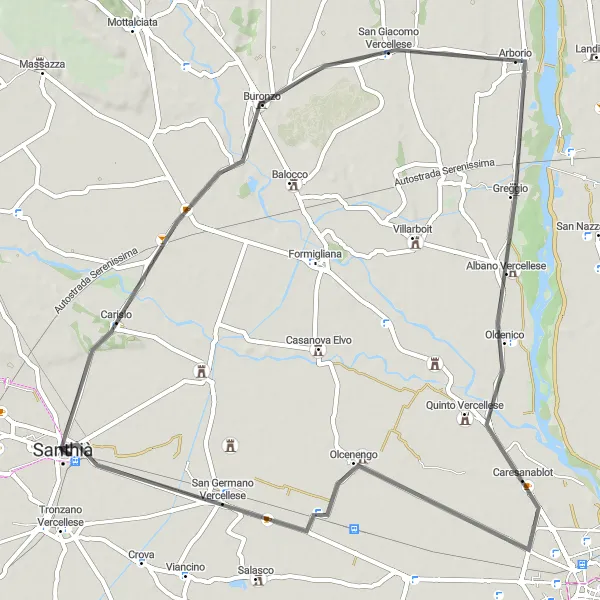 Map miniature of "Road Route to Carisio, Buronzo, San Germano Vercellese, and Santhià" cycling inspiration in Piemonte, Italy. Generated by Tarmacs.app cycling route planner