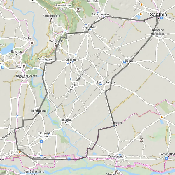 Map miniature of "The Legendary Cycling Trail: Tronzano Vercellese to Borgo d'Ale" cycling inspiration in Piemonte, Italy. Generated by Tarmacs.app cycling route planner