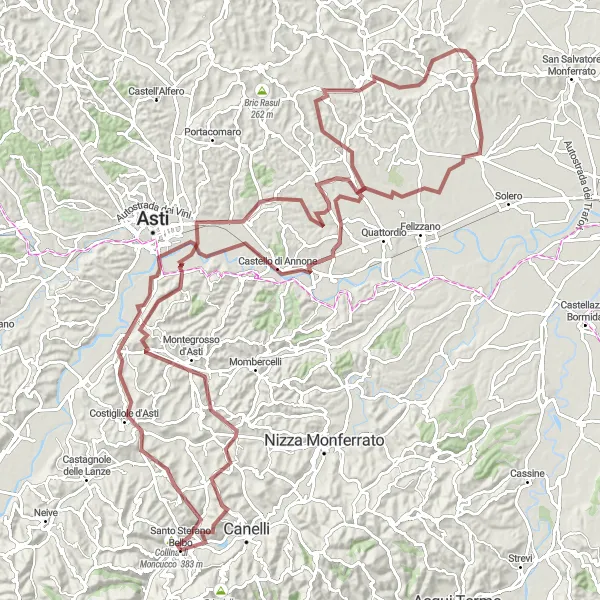 Zemljevid v pomanjšavi "Gravelska pustolovščina od Santo Stefano Belbo do Montegrosso d'Asti" kolesarske inspiracije v Piemonte, Italy. Generirano z načrtovalcem kolesarskih poti Tarmacs.app