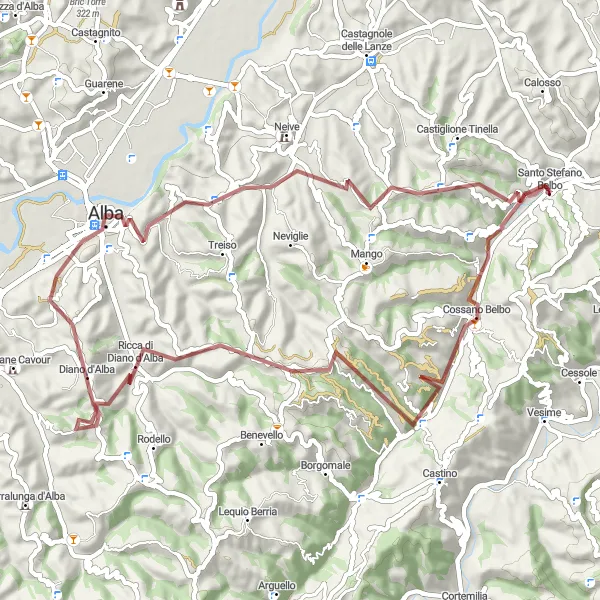 Zemljevid v pomanjšavi "Potovanje po makadamu v bližini Santo Stefano Belbo" kolesarske inspiracije v Piemonte, Italy. Generirano z načrtovalcem kolesarskih poti Tarmacs.app