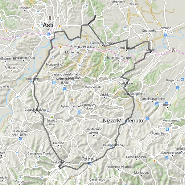 Miniaturní mapa "Cyklotrasa skrz vinice" inspirace pro cyklisty v oblasti Piemonte, Italy. Vytvořeno pomocí plánovače tras Tarmacs.app