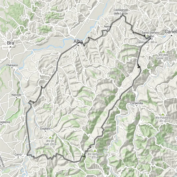 Miniatuurkaart van de fietsinspiratie "Kastelen en heuvellandschappen route" in Piemonte, Italy. Gemaakt door de Tarmacs.app fietsrouteplanner
