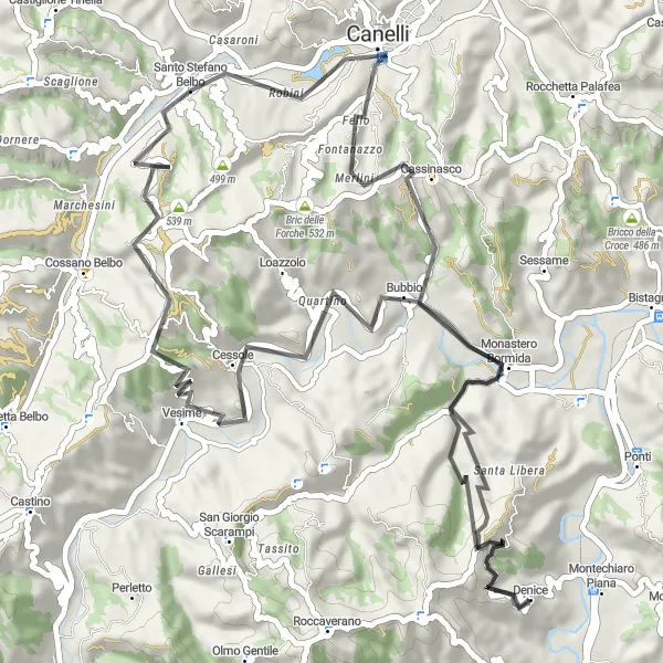 Miniatua del mapa de inspiración ciclista "Ruta de Cassinasco y Bubbio" en Piemonte, Italy. Generado por Tarmacs.app planificador de rutas ciclistas